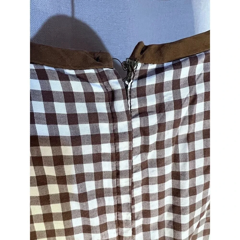 Vintage 60s 70s Brown Gingham Scoopneck Ruffle Button Midi‎ Dress